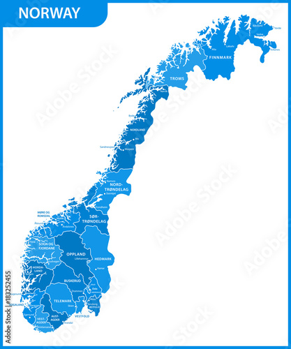 The detailed map of the Norway with regions or states and cities, capitals