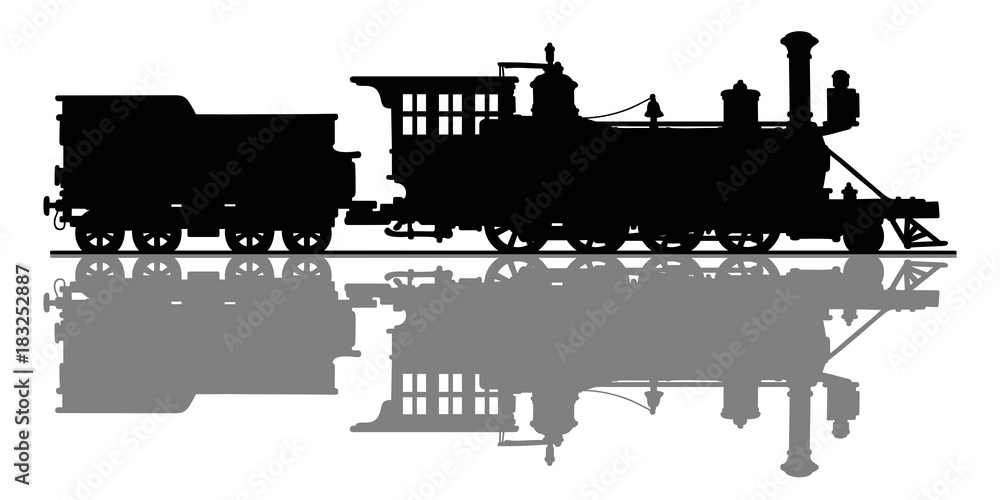 Black silhouette of  the vintage american wild west steam locomotive
