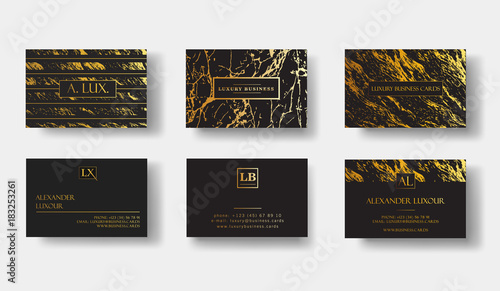 Elegant black luxury business cards Set with marble texture and gold detail vector template, banner or invitation with golden foil details. Branding and identity graphic design