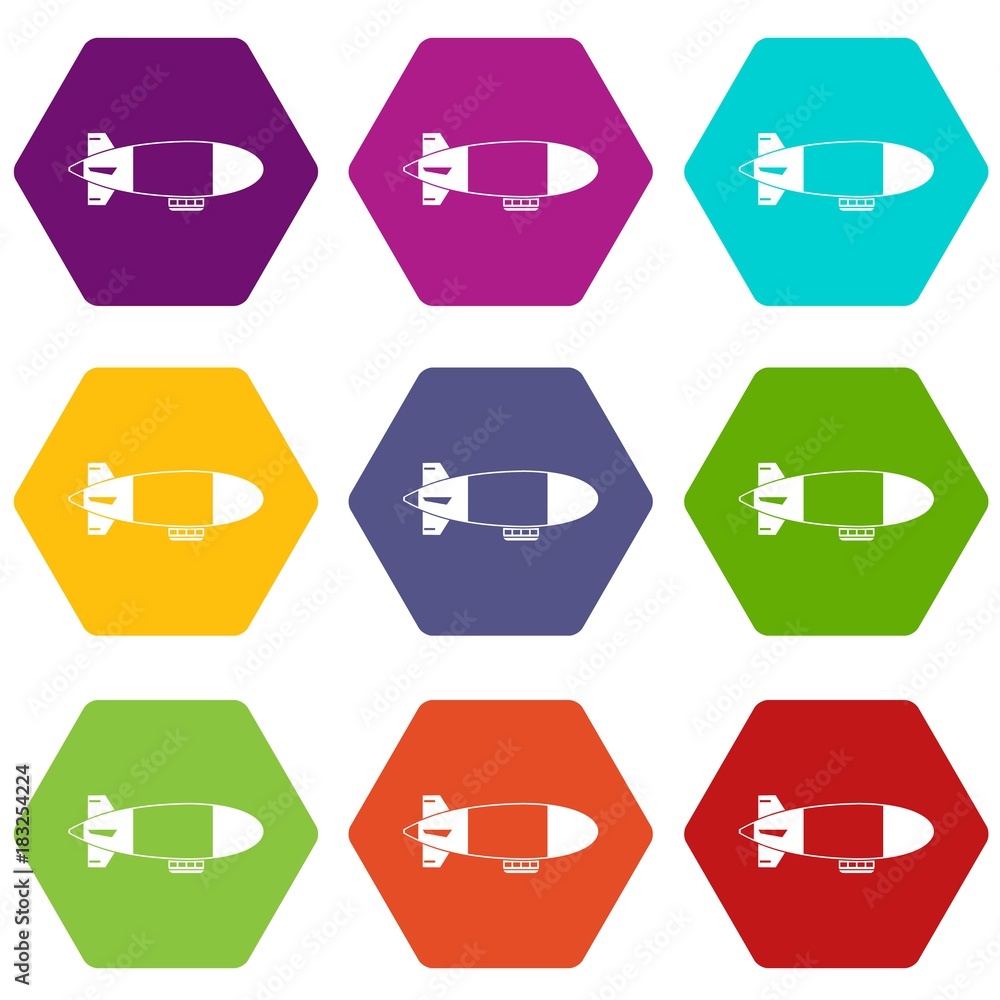 Aerostat airship icon set color hexahedron Aerostat airship icon set color hexahedron