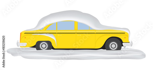 Yellow taxi in the snow in the winter. Flat vector illustration EPS10