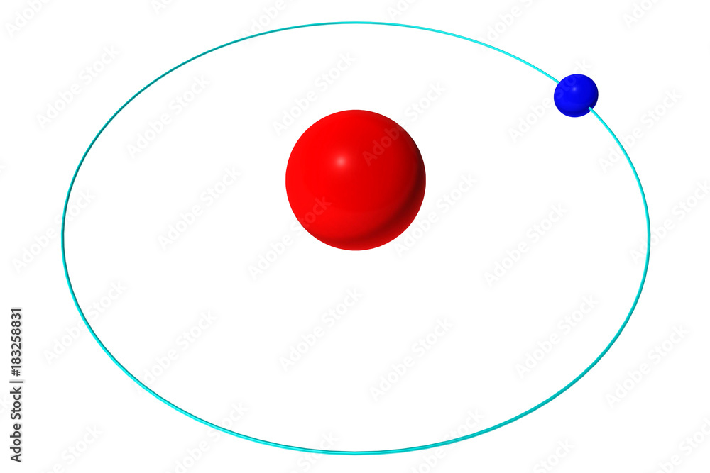 Hydrogen atom isolated on white, red proton and blue electron - obrazy, fototapety, plakaty 