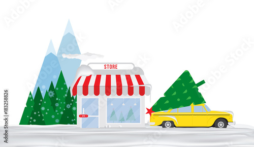 Shop for sale of Christmas trees. Taxi in the snow is parked in front of the store in the background of mountains and trees. Flat vector illustration EPS10