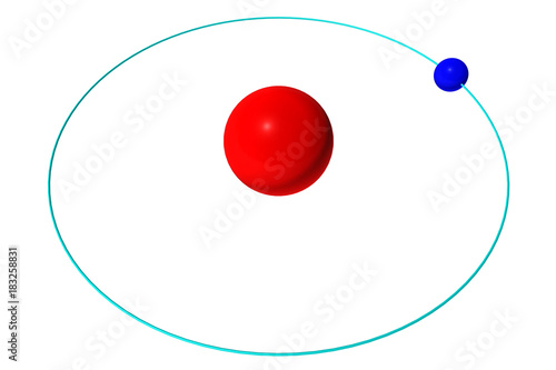 Fotografie Hydrogen atom isolated on white, red proton and blue electron