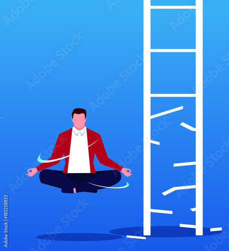 Businessman meditating next to the broken ladder