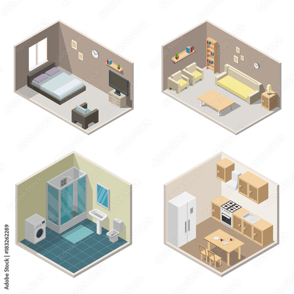 Isometric interior vector illustration modern set of bathroom, kitchen, living room, bedroom, garage.