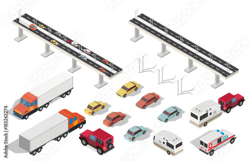 Isometric brigde and city with highways traffic road set.
