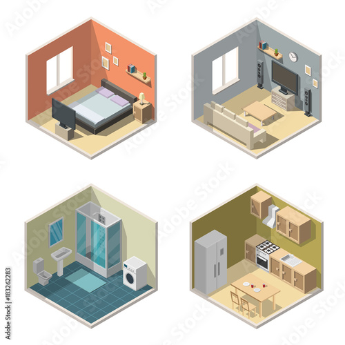 Isometric interior vector illustration modern set of bathroom, kitchen, living room, bedroom, garage.