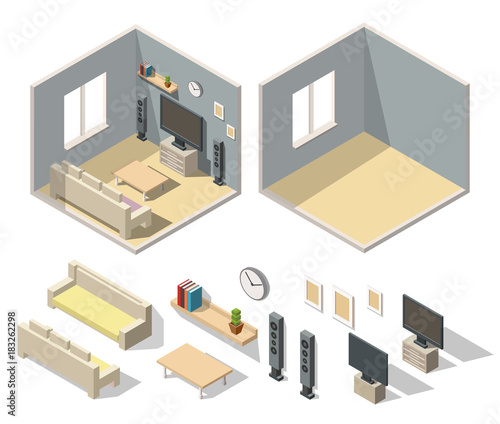 Isometric living room interiors vector 3d set