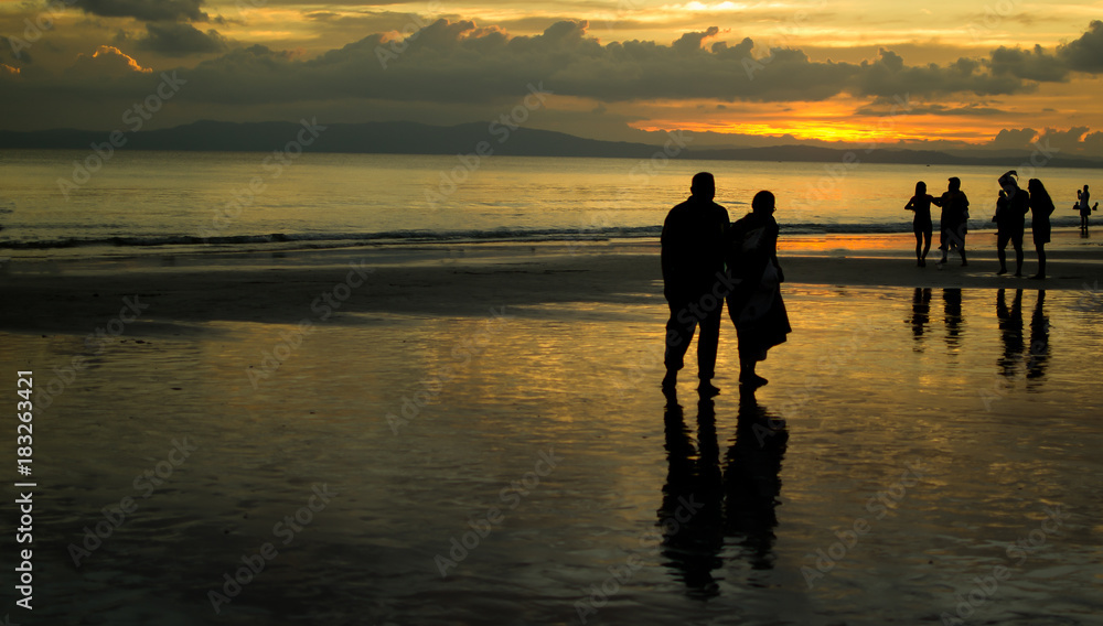 Elderly Couple Walking on a Beach In Sunset