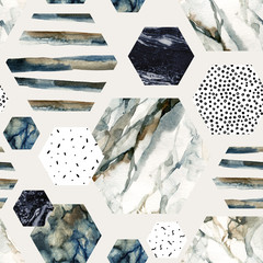 Handdoek met foto Marmeren hexagons patronen Gestreepte aquarel zeshoek met papiertextuur  © Tanya Syrytsyna