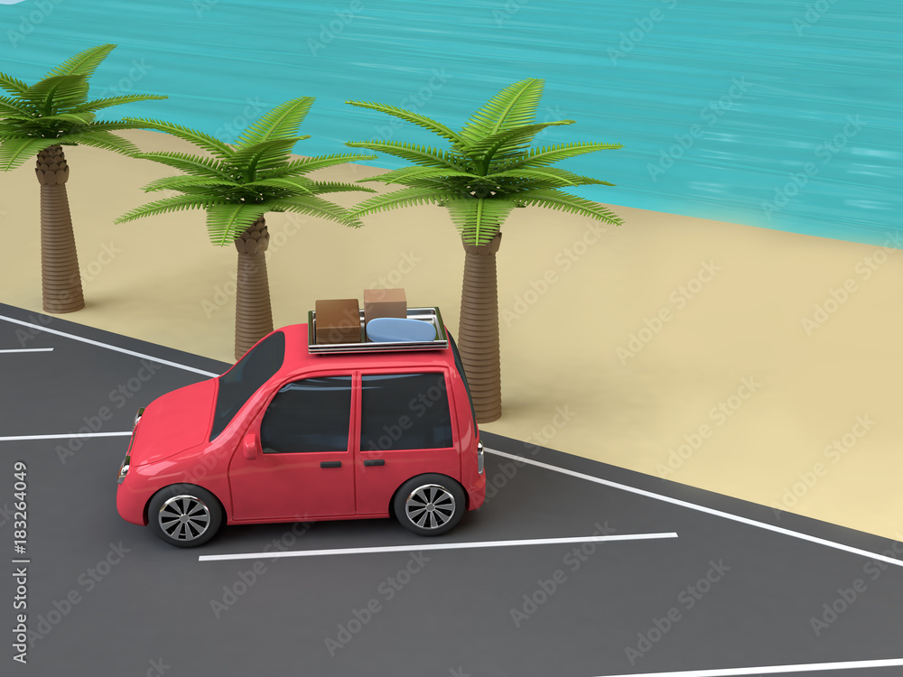 red car-family car beach-sea nature travel concept 3d rendering cartoon style