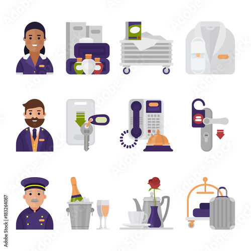 Hotel service icons vector hoteling staff waiter butler and hotelman signs bellset bell on reception illustration isolated on white background