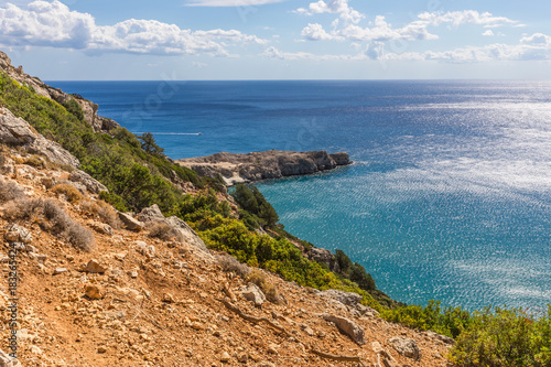 Coastline landscape from the Tsambika mountain on the Rhodes Island, Greece