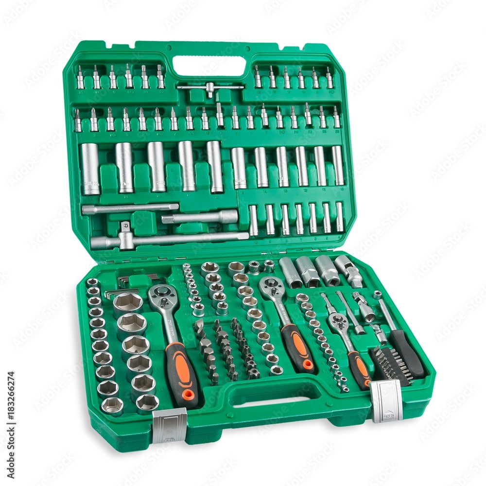 Metal or chrome wrenches and other tools in a suitcase close-up Metal or chrome wrenches and other tools in a suitcase close-up