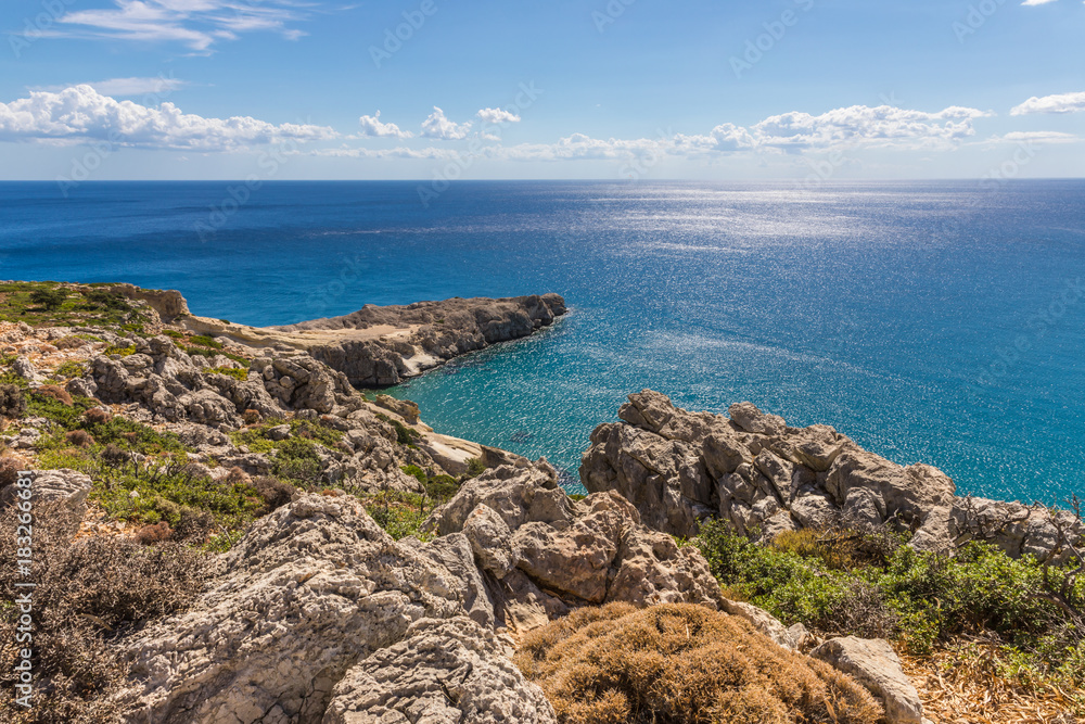 Coastline landscape from the Tsambika mountain on the Rhodes Island, Greece