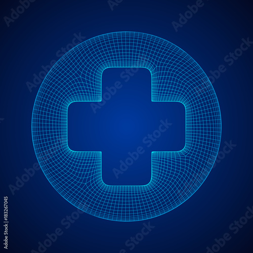 First aid medical cross wireframe low poly mesh, vector symbol illustration