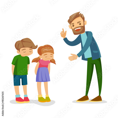 Young angry Caucasian white father shaking forefinger and scolding his unhappy son and daughter. Furious father punishing his sad children for unruly behavior. Vector isolated cartoon illustration.