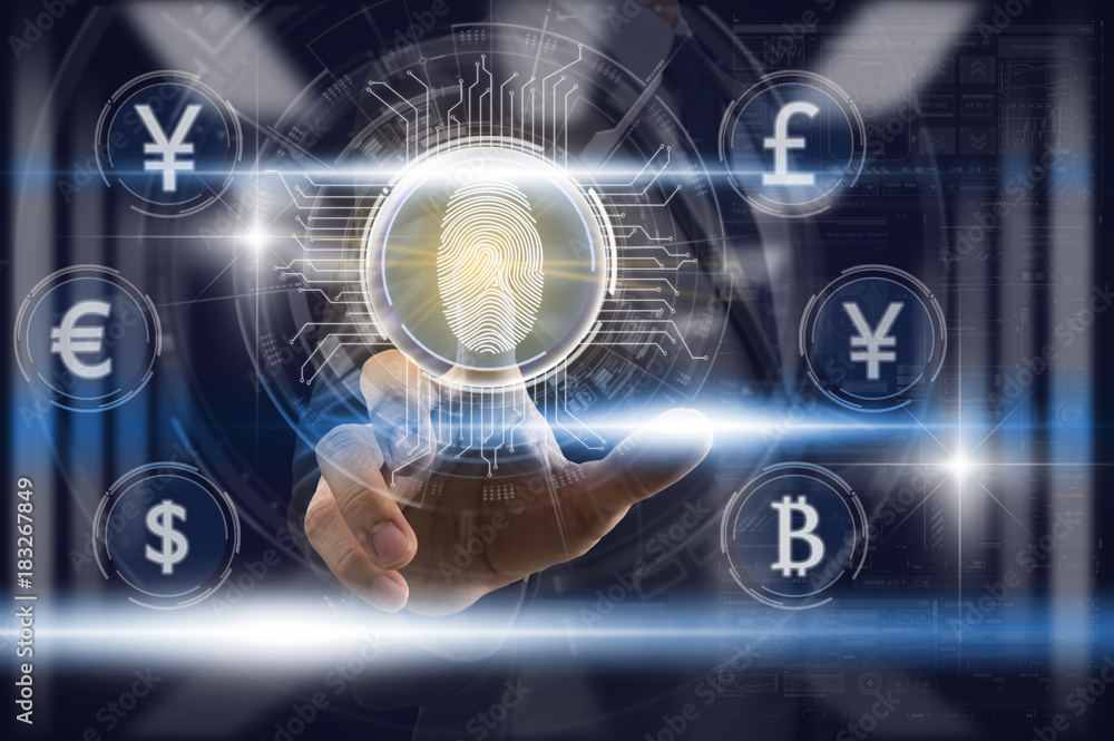 Businessman Fingerprint scan for support security access with biometrics identification over bitcoin and currency dollar icon, Business Technology sceurity and Fintech and cryptocurrency Concept. Businessman Fingerprint scan for support security access with biometrics identification over bitcoin and currency dollar icon, Business Technology sceurity and Fintech and cryptocurrency Concept.