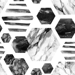 Handdoek met foto Marmeren hexagons patronen Aquarel marmer hexagon met strepen  © Tanya Syrytsyna