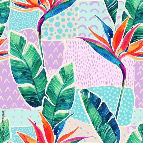 Watercolor tropical flowers on geometric background with doodles.