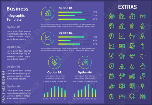 Business infographic template, elements and icons. Infograph includes customizable graphs, four options, line icon set with business worker, successful businessman, corporate leader, conference etc.