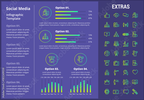 Social media infographic template, elements and icons. Infograph includes customizable graphs, four options, line icon set with social media, global network, electronic mail, internet technology etc.