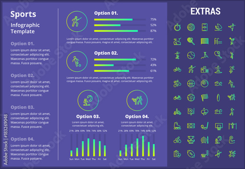 Sports infographic template, elements and icons. Infograph includes customizable graphs, four options, line icon set with sport equipment, sports field, competitive games, champion pedestal etc.