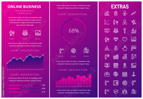 Online business infographic template, elements and icons. Infograph includes customizable graphs, charts, line icon set with stack of money, online market, business worker, mobile shop etc.