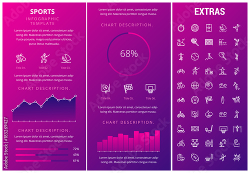 Sports infographic template, elements and icons. Infograph includes customizable graphs, charts, line icon set with sport equipment, sports field, competitive games, champion pedestal, athlete etc.