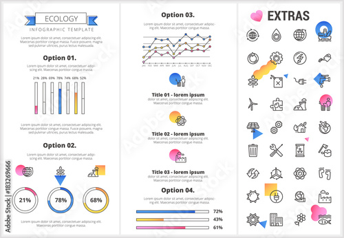 Ecology infographic template, elements and icons. Infograph includes customizable graphs, four options, line icon set with resources of green energy, environmental cycle, water and sun power etc.