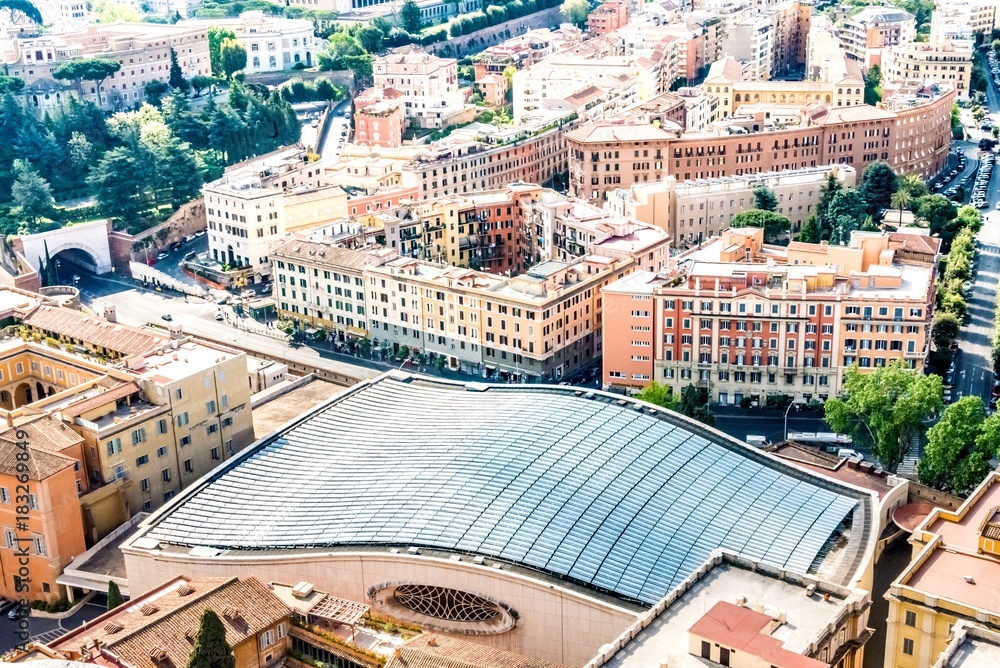 Top view of Nervi Hall roof in Rome, Italy, fully covered with solar panels
