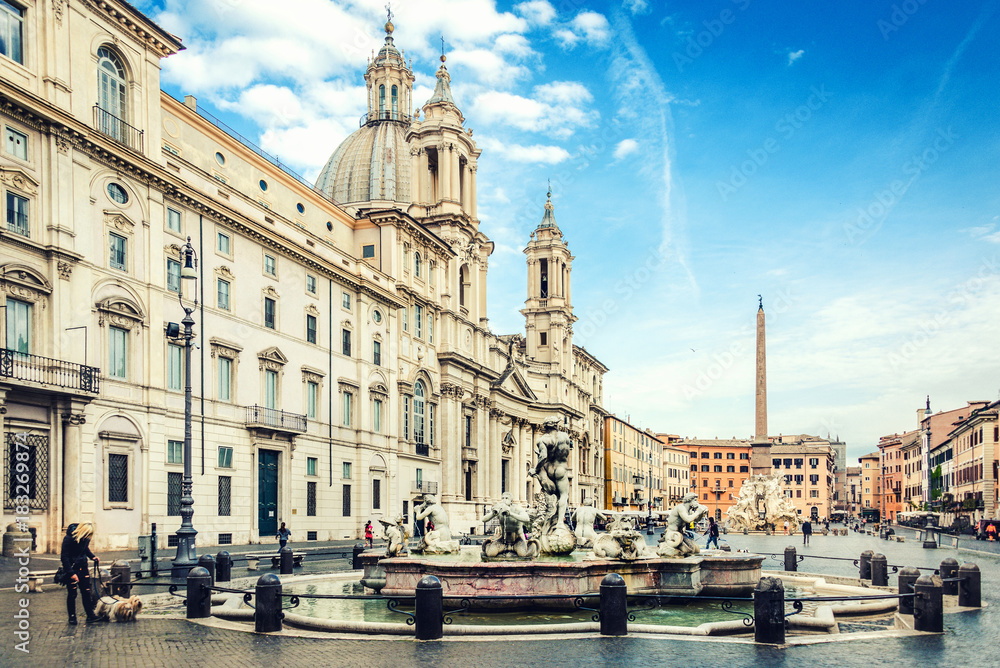 The famous Navona square /Piazza Navona/. Sant' Agnese church and La Fontana del Moro in front.