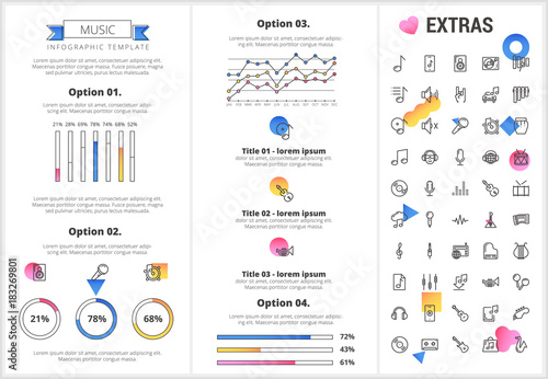 Music infographic template, elements and icons. Infograph includes customizable graphs, four options, line icon set with musical instruments, music notes, mic, smartphone with mobile application etc.