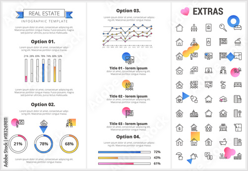 Real estate infographic template, elements and icons. Infograph includes customizable graphs, options, line icon set with real estate agent, architecture engineering, investment broker, realtor etc.
