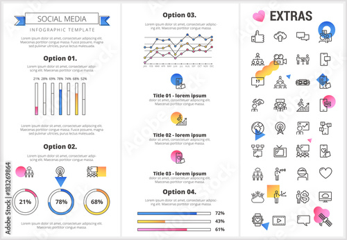 Social media infographic template, elements and icons. Infograph includes customizable graphs, four options, line icon set with social media, global network, electronic mail, internet technology etc.