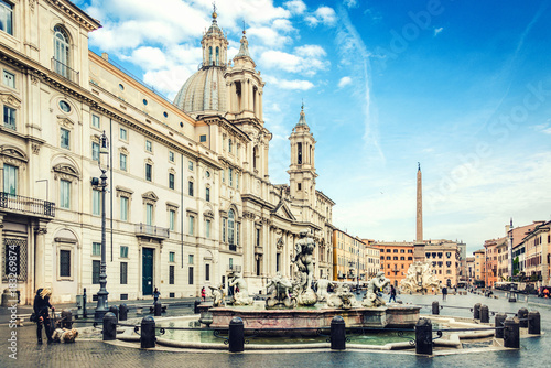 The famous Navona square /Piazza Navona/. Sant' Agnese church and La Fontana del Moro in front.