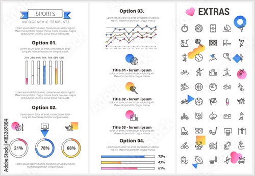 Sports infographic template, elements and icons. Infograph includes customizable graphs, four options, line icon set with sport equipment, sports field, competitive games, champion pedestal etc.