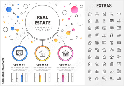 Real estate circle infographic template, elements and icons. Infograph includes customizable bar charts, line icon set with real estate agent, architecture engineering, investment broker, realtor etc.