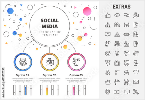 Social media circle infographic template, elements and icons. Infograph includes customizable bar charts, line icon set with social media, global network, electronic mail, internet technology etc.