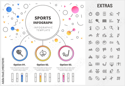 Sports circle infographic template, elements and icons. Infograph includes customizable bar charts, graphs, line icon set with sport equipment, sports field, competitive games, champion pedestal etc.