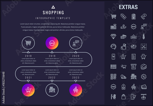 Shopping timeline infographic template, elements and icons. Infograph includes line icon set with shopping cart, online store, mobile shop, price tag, retail business, cash machine, credit card etc.