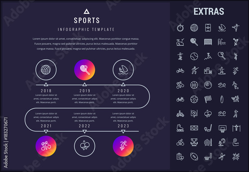 Sports timeline infographic template, elements and icons. Infograph includes line icon set with sport equipment, sports field, competitive games, pedestal, leisure activities, training exercise etc.