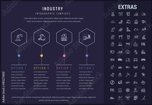 Industry options infographic template, elements and icons. Infograph includes options, line icon set with mining equipment, fossil fuels, conveyor belt, nuclear power plant, manufacturing industry etc