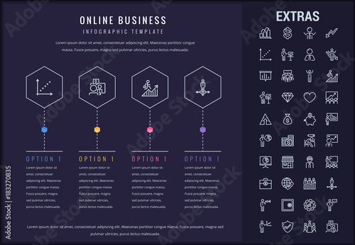 Online business options infographic template, elements and icons. Infograph includes line icon set with money, online market, business person, mobile shop, global network, marketing analytics etc.