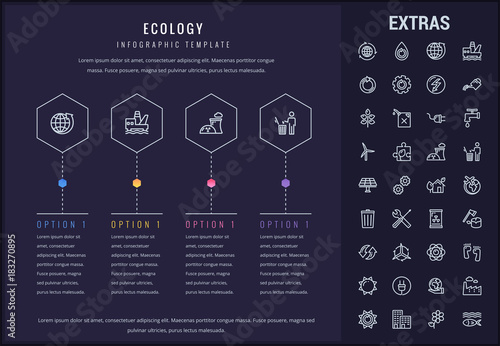 Ecology options infographic template, elements and icons. Infograph includes line icon set with resources of green energy, environmental cycle, water and sun power, oil rig, nuclear power plant etc.