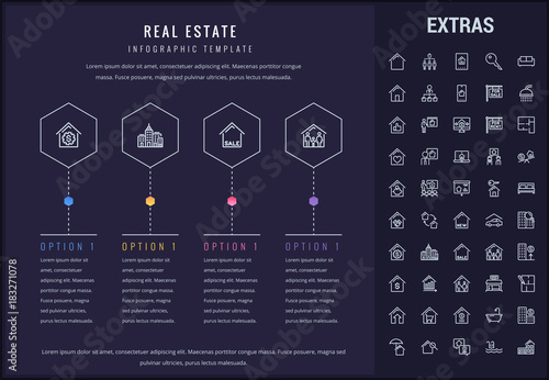 Real estate options infographic template, elements and icons. Infograph includes line icon set with real estate agent, architecture engineering, investment broker, family house, property sale etc.