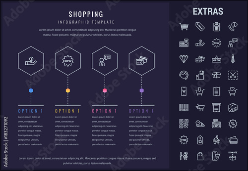 Shopping options infographic template, elements and icons. Infograph includes line icon set with shopping cart, online store, mobile shop, price tag, retail business, cash machine, credit card etc.