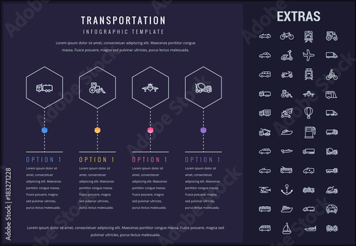 Transportation options infographic template, elements and icons. Infograph includes line icon set with transport vehicle, truck trailer, airplane flight, hot air balloon, construction vehicles etc.