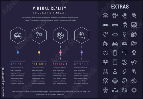 Virtual reality options infographic template, elements and icons. Infograph includes line icon set with virtual reality glasses, vr technology, video game console, cloud computing, global network etc.
